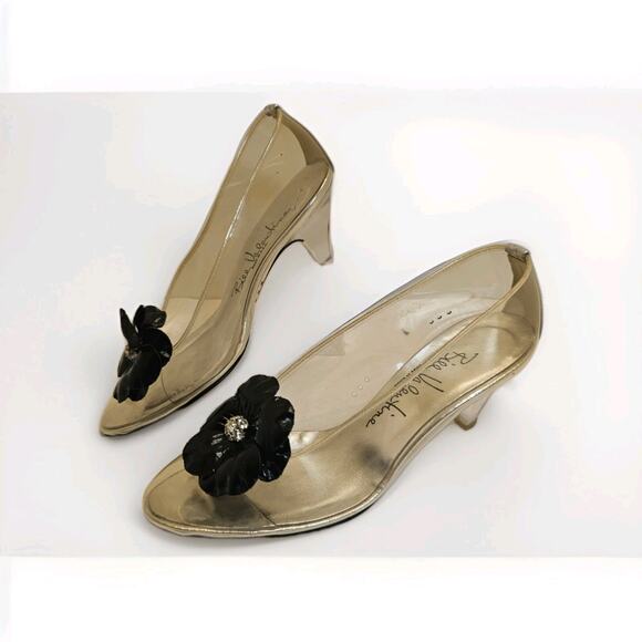 Bill Valentine Leather Rhinestone Lucite Clear Pump Heels Shoes Size 6.5B VTG - Picture 1 of 14